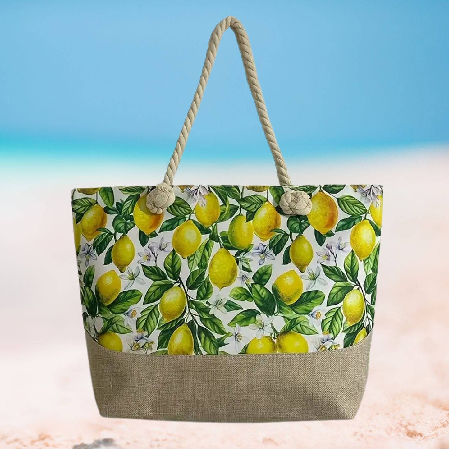 Tote bag with lemon pattern on a beach setting