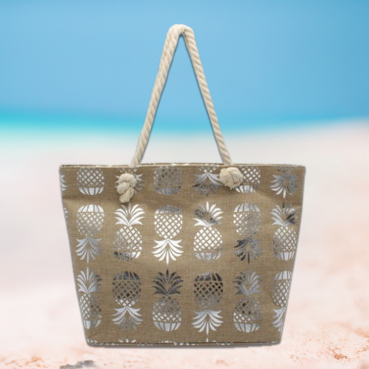Metallic Print Pineapple Beach Bag