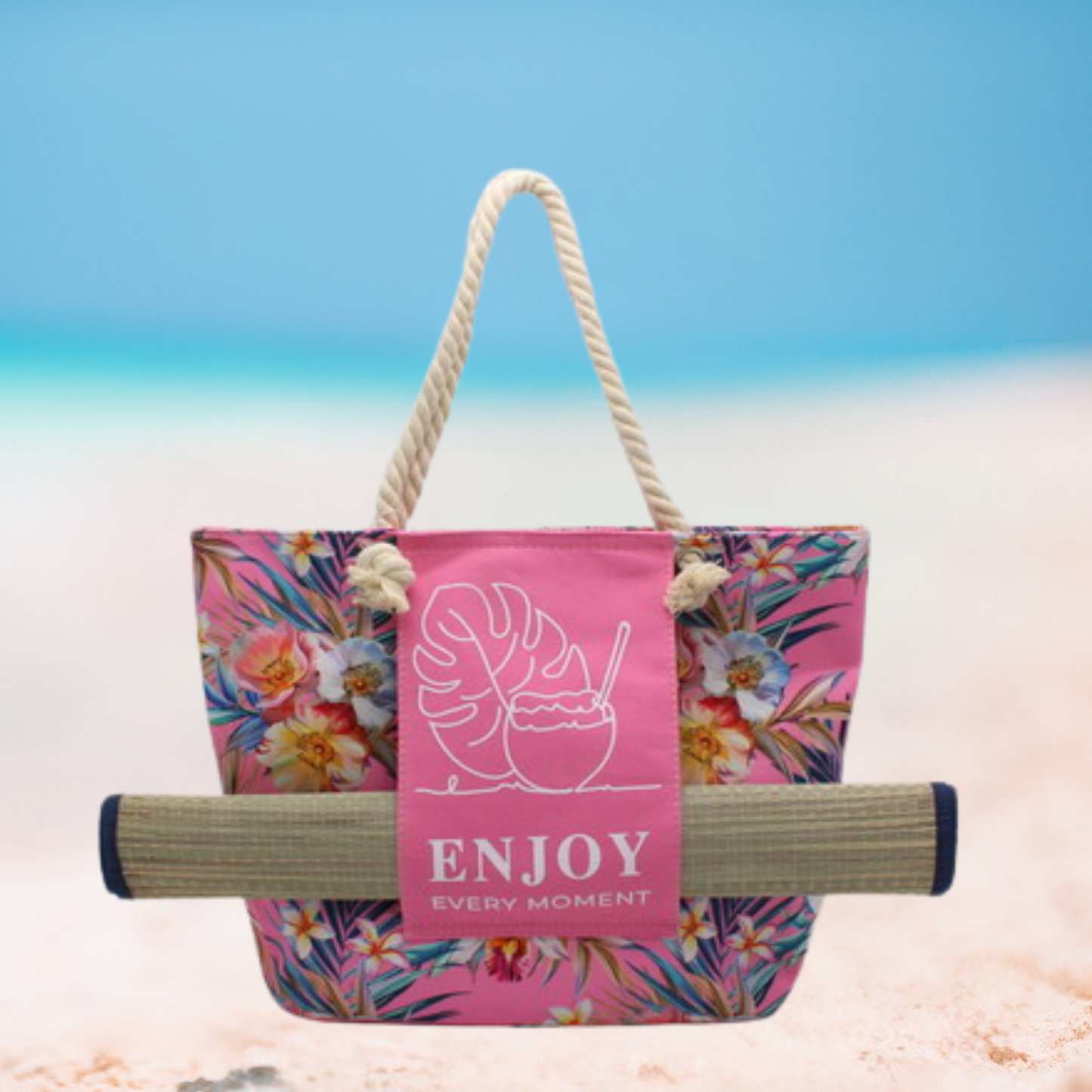 Large Floral Rope-Handle Tote "Enjoy" Beach Bag