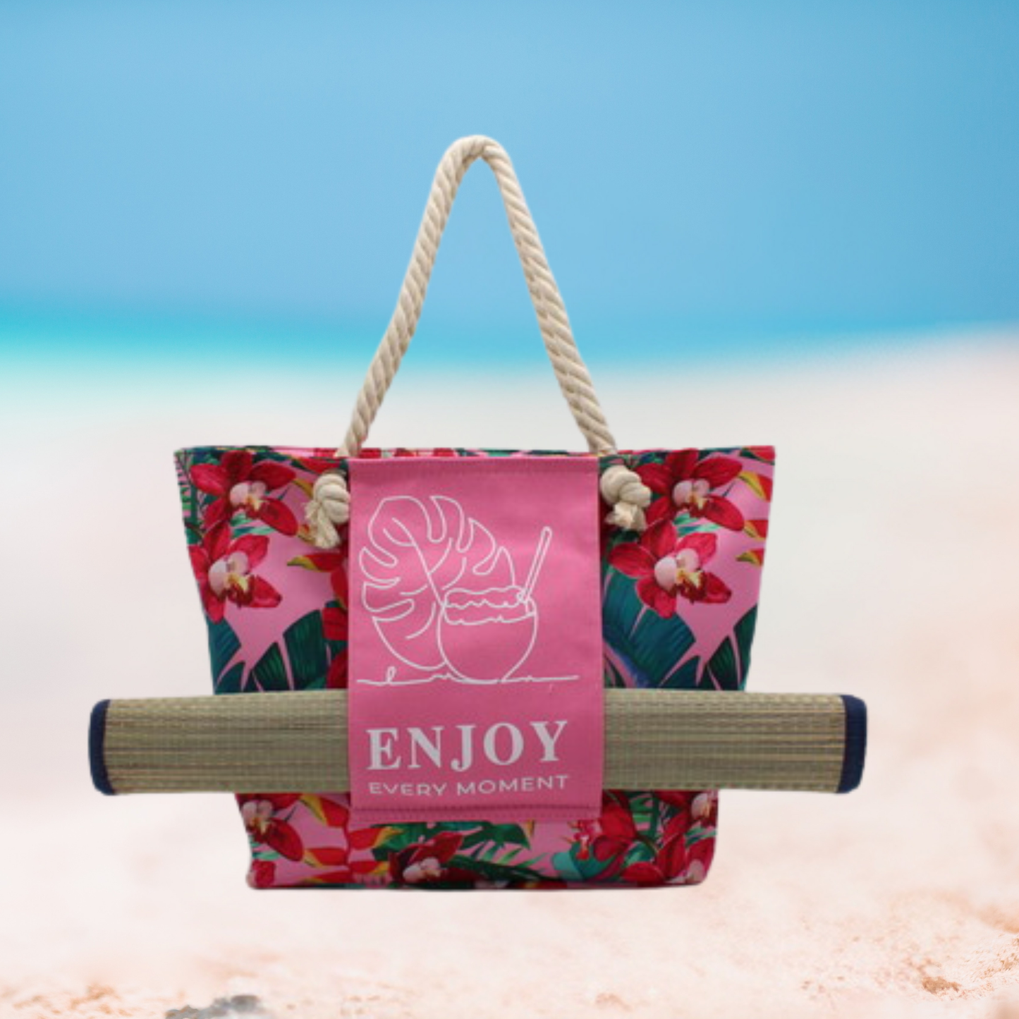 Large Floral Rope-Handle Tote "Enjoy" Beach Bag