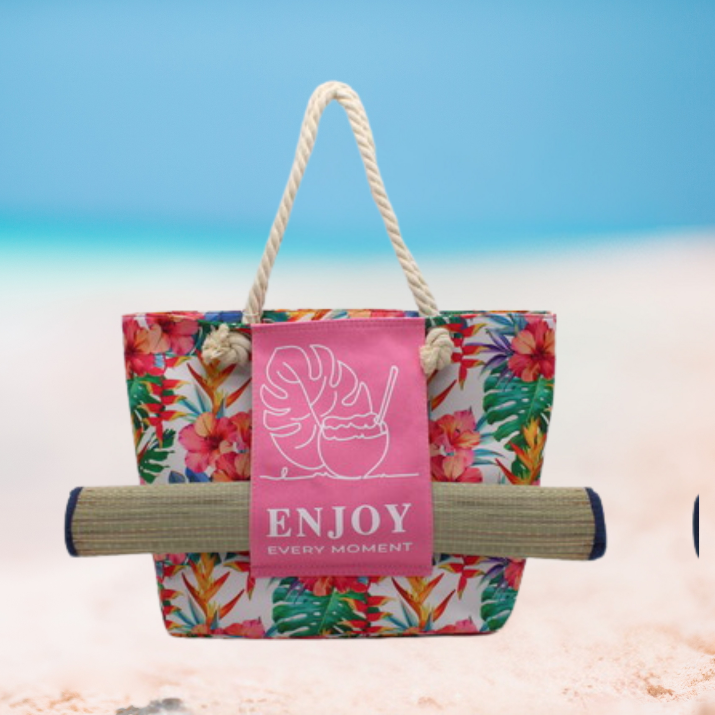 Large Floral Rope-Handle Tote "Enjoy" Beach Bag