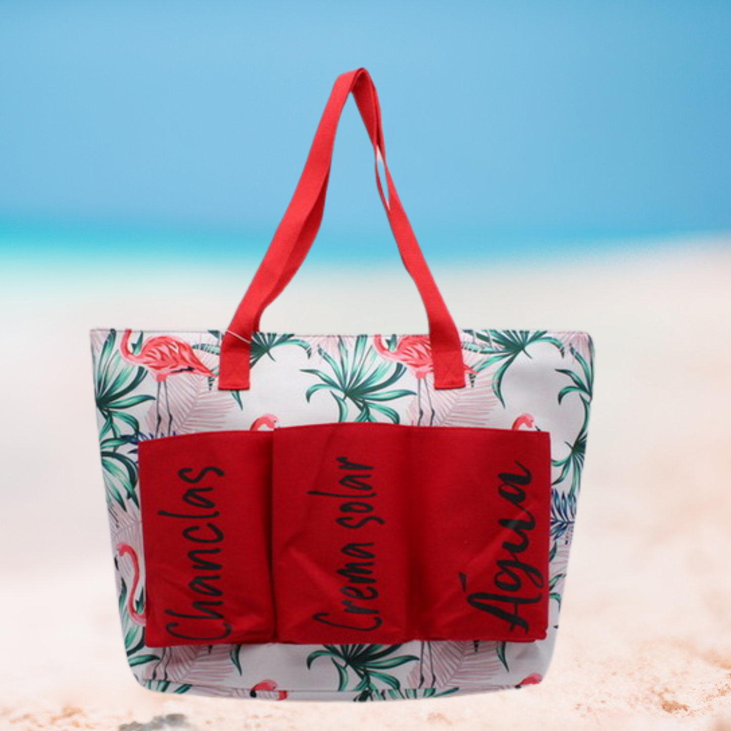 Large Flamingo Print Beach Tote Bag with Outside Pockets