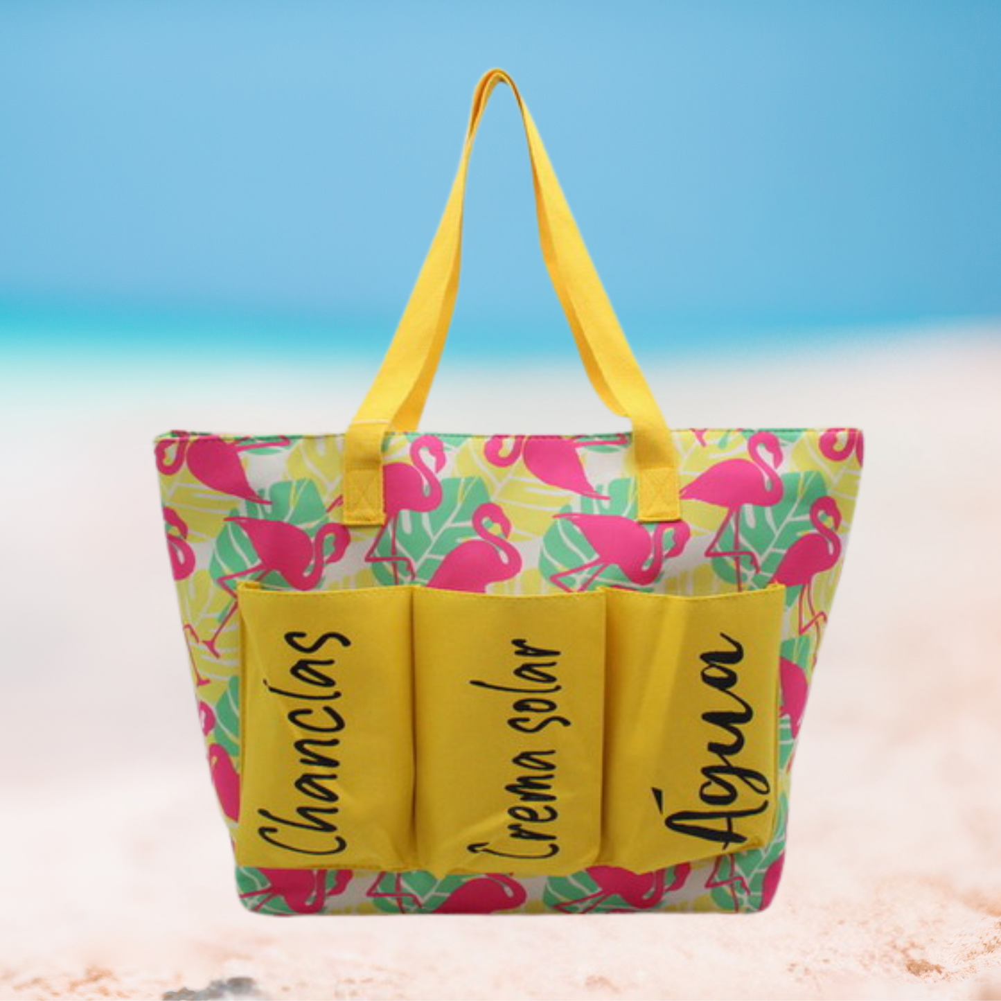 Large Flamingo Print Beach Tote Bag with Outside Pockets