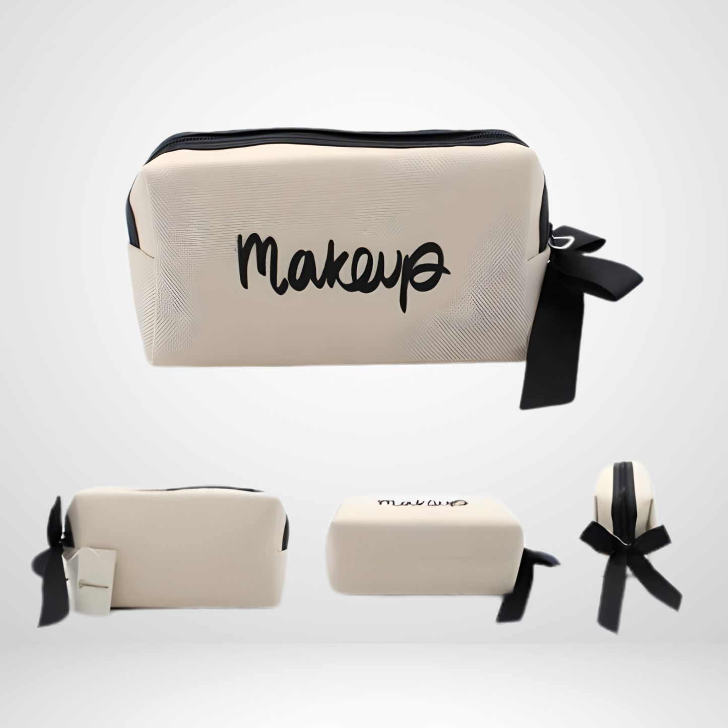 Beige makeup bag with 'makeup' text and black ribbon on a white background
