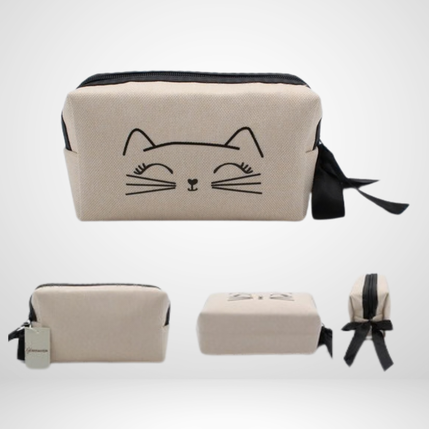 Beige pouch with cat design and black ribbon on a white background