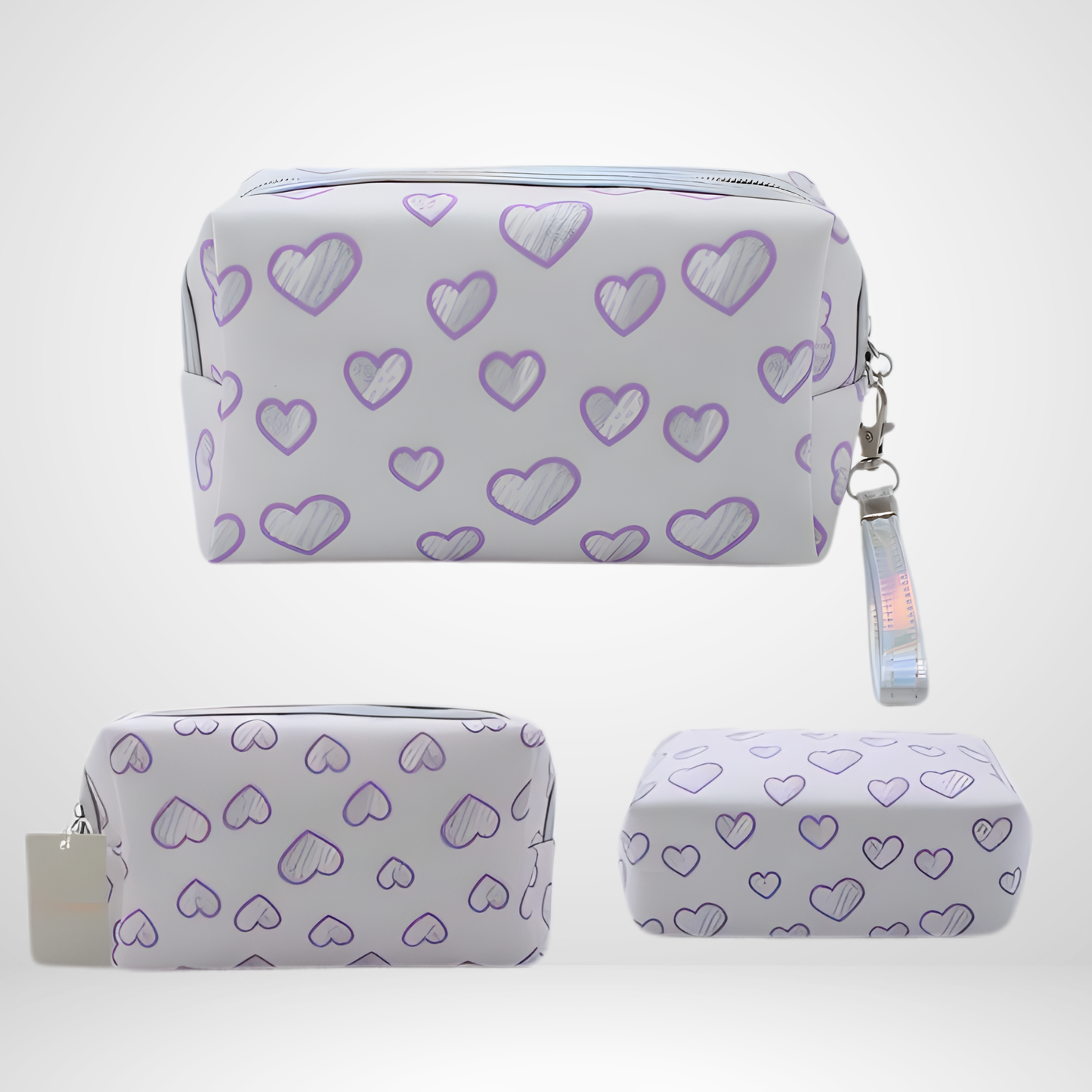 Pretty waterproof cosmetic bag with matching metallic zipper and wrist strap. Compact for travel or daily use, keeping essentials and makeup secure.