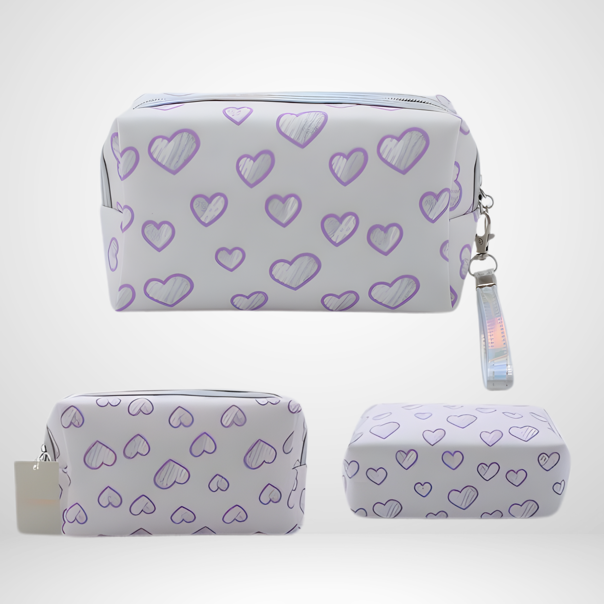 Pretty waterproof cosmetic bag with matching metallic zipper and wrist strap. Compact for travel or daily use, keeping essentials and makeup secure.