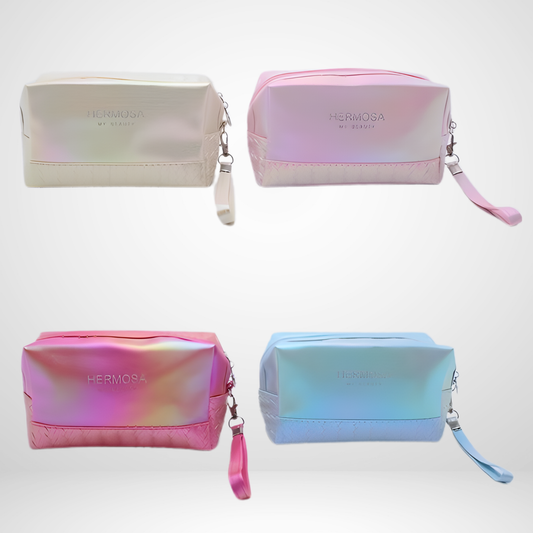 Pretty waterproof cosmetic bag with matching metallic zipper and wrist strap. Compact for travel or daily use, keeping essentials and makeup secure.