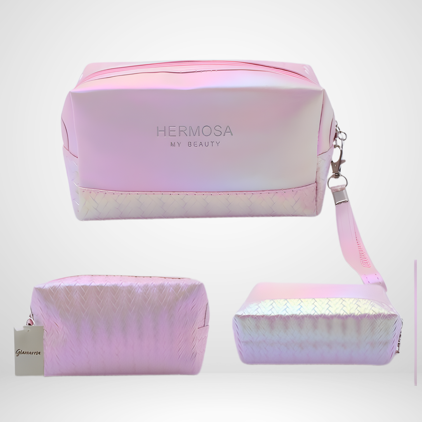 Pink cosmetic bags with 'Hermosa' branding on a light gray background