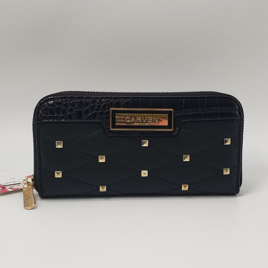 Black Quilted Zipper Wallet with Studs