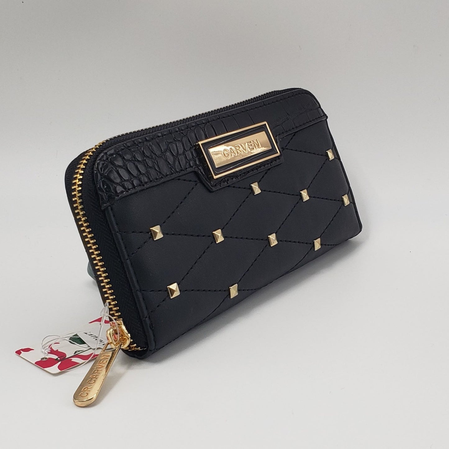 Black Quilted Zipper Wallet with Studs