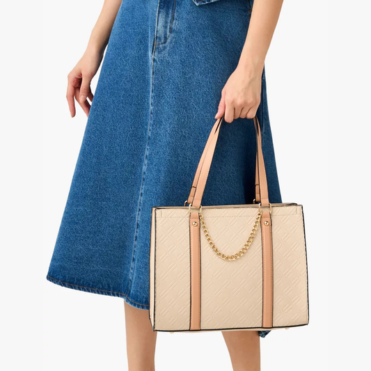 Beige Diamond Quilted Tote at InStyle Fashion HK – quilted texture, tan straps & gold chain for timeless elegance.