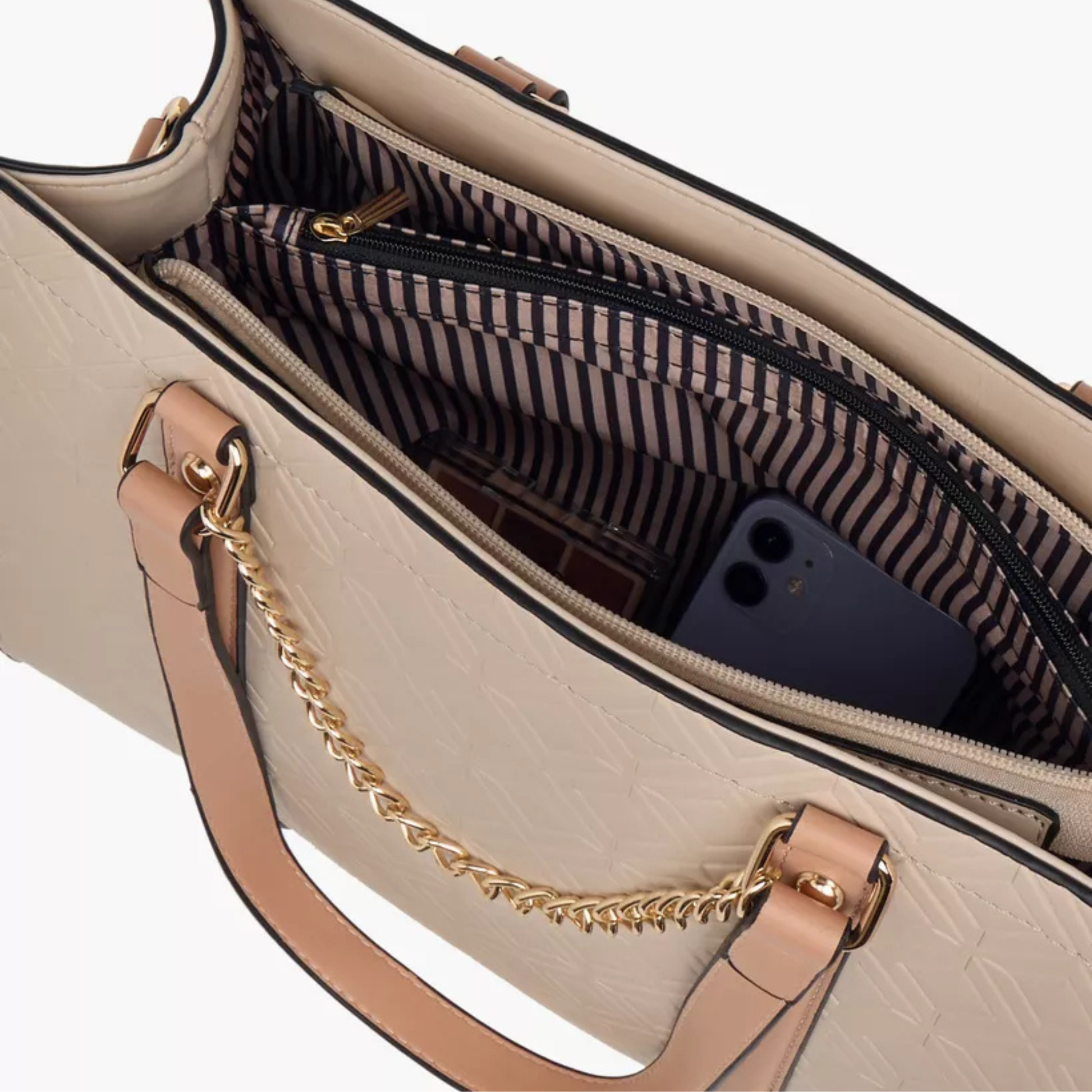 Beige Diamond Quilted Tote at InStyle Fashion HK – quilted texture, tan straps & gold chain for timeless elegance.