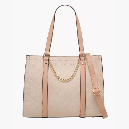 Beige Diamond Quilted Tote at InStyle Fashion HK – quilted texture, tan straps & gold chain for timeless elegance.