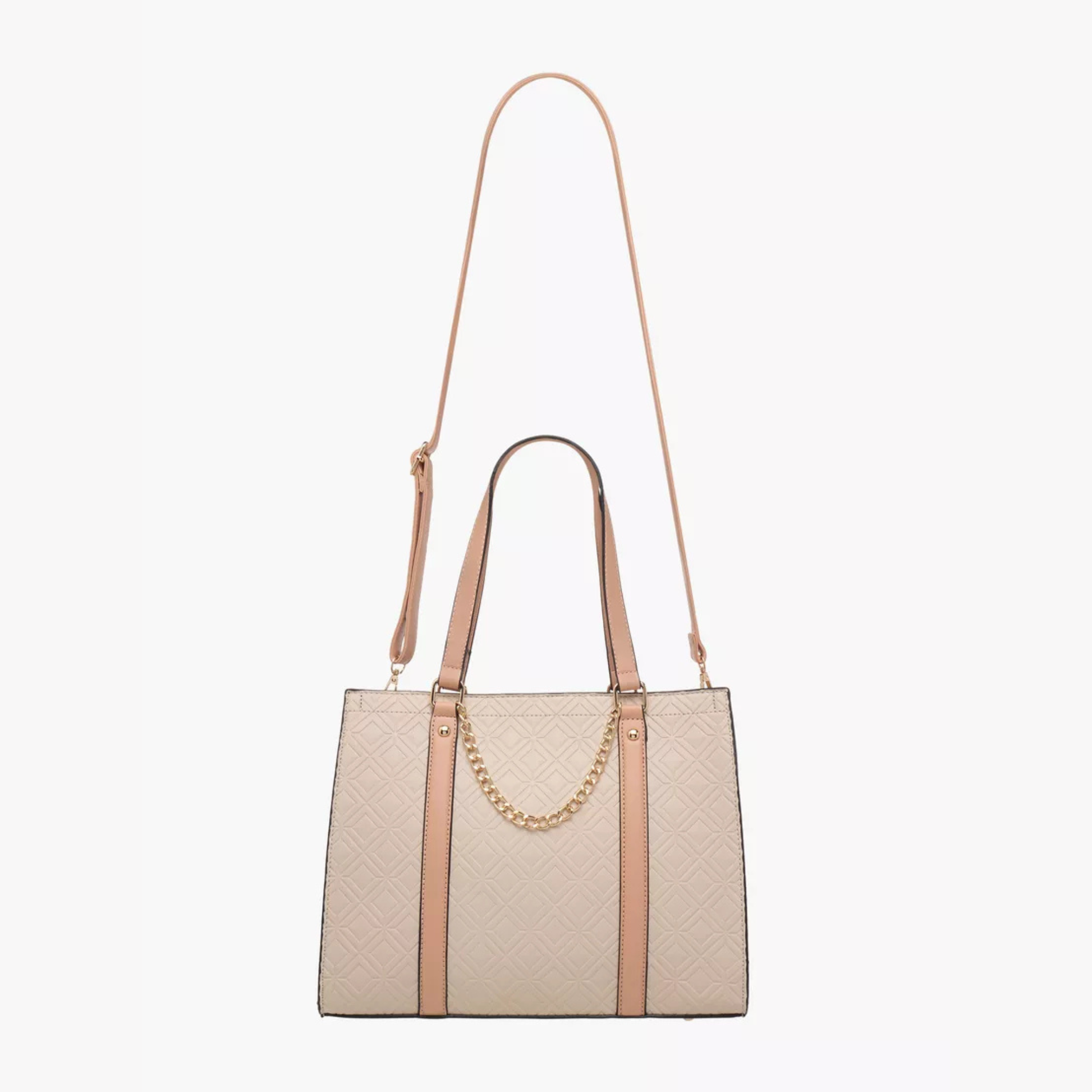 Beige Diamond Quilted Tote at InStyle Fashion HK – quilted texture, tan straps & gold chain for timeless elegance.
