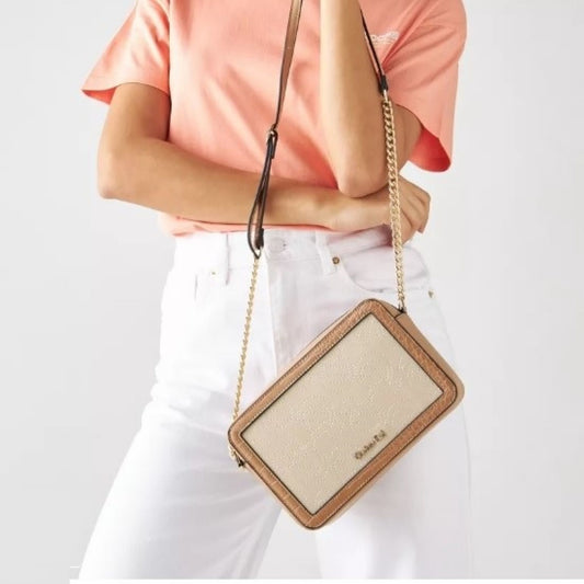 Beige Tan Embroidered Monogram Textured Crossbody Bag with Gold Chain