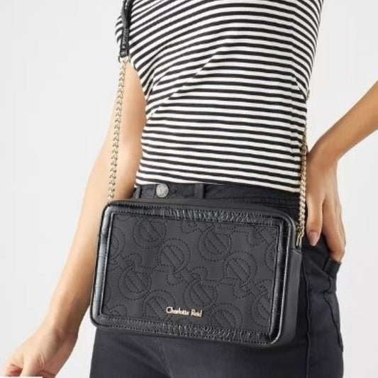 Black Embroidered Monogram Textured Crossbody Bag with Gold Chain