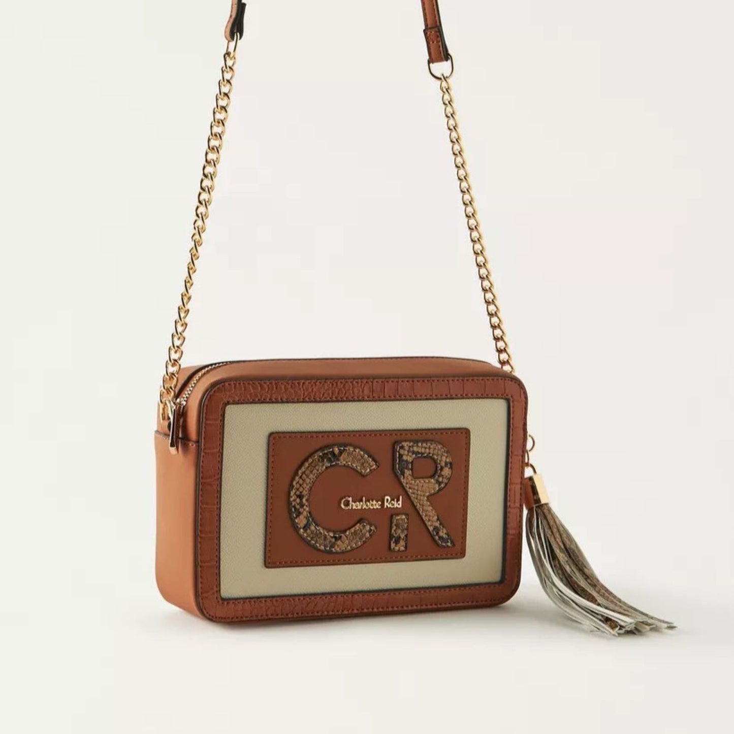 Tan Logo Detail Crossbody Bag with Chain Strap