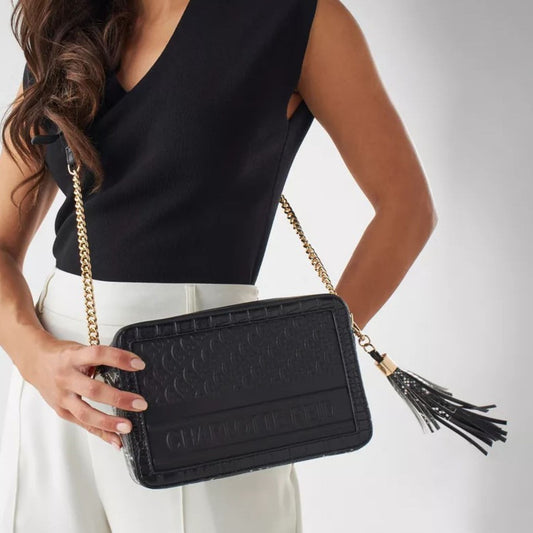 Black Embossed Crossbody with Tassle