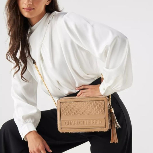 Beige Embossed Camera Crossbody with Tassle