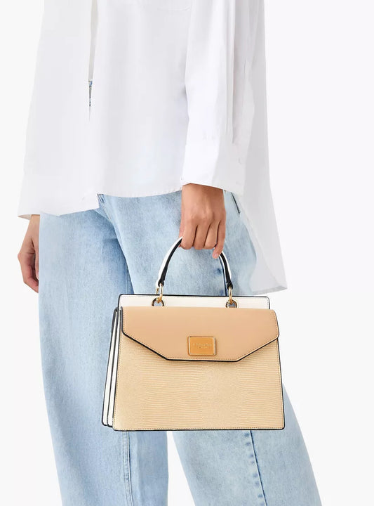 Beige Colourblock Textured Satchel Bag