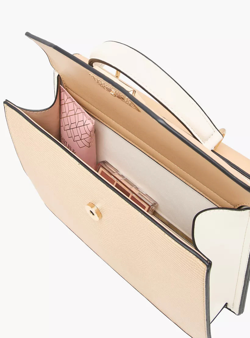 Beige Colourblock Textured Satchel Bag