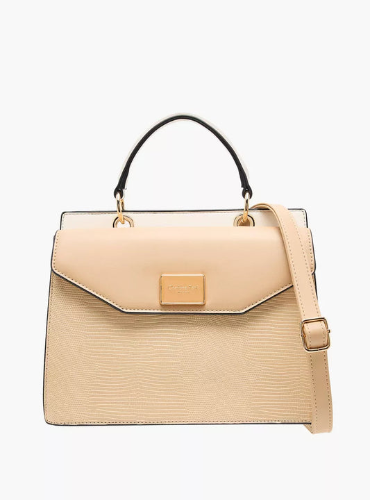 Beige Colourblock Textured Satchel Bag
