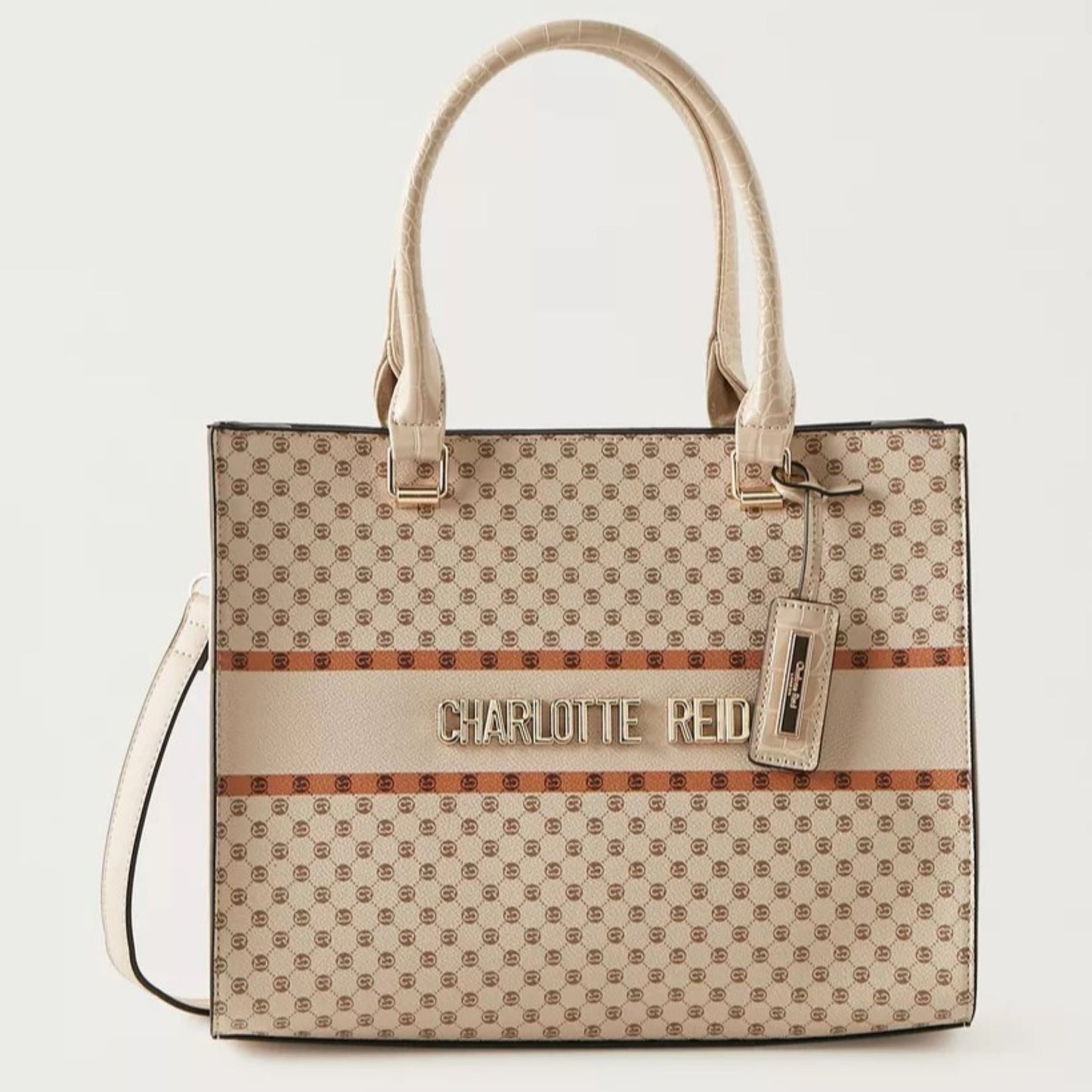 Beige Monogram Print Tote Bag