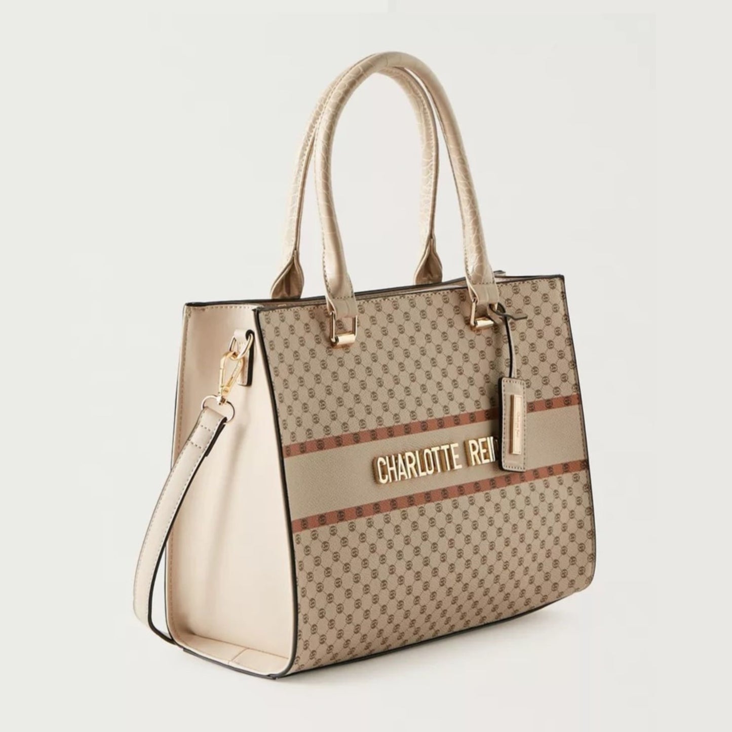 Beige Monogram Print Tote Bag