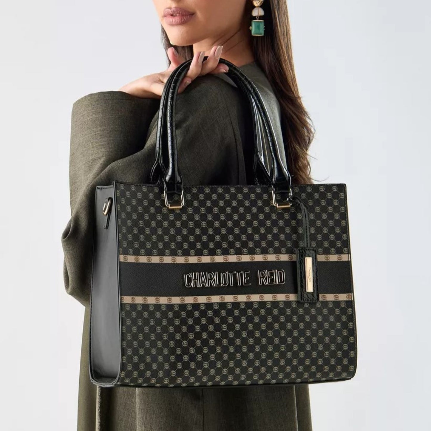 Black Monogram Print Tote Bag