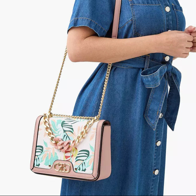 Botanic Print Crossbody Bag with Chain Accent