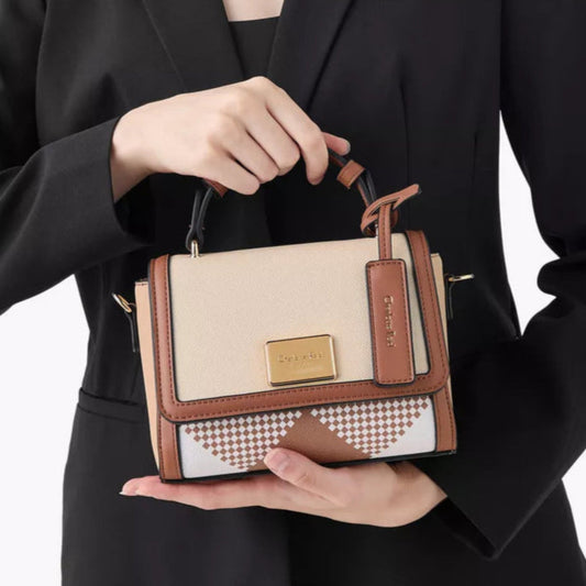 Tan Printed Satchel Bag with Flap Closure