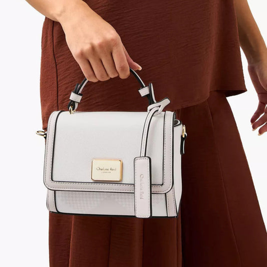 White Printed Satchel Bag with Flap Closure