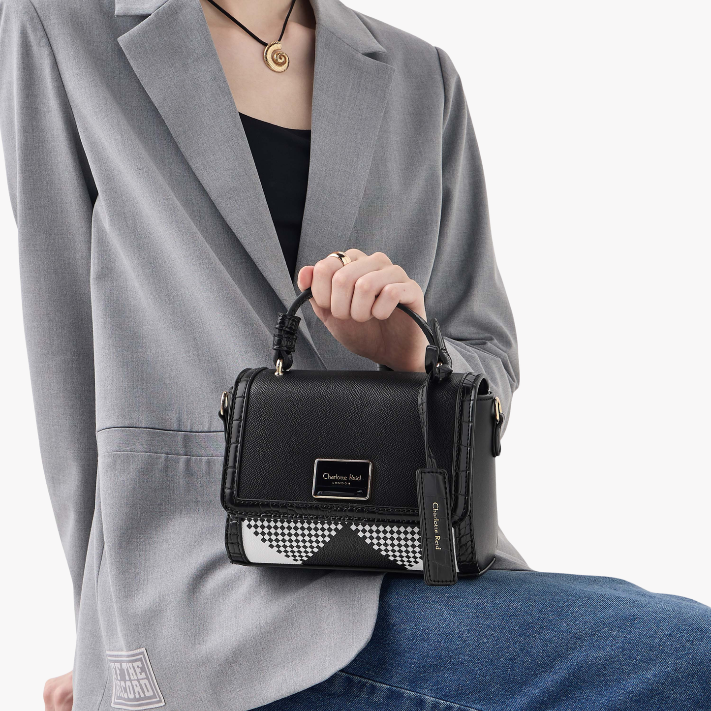 Black Printed Satchel Bag with Flap Closure