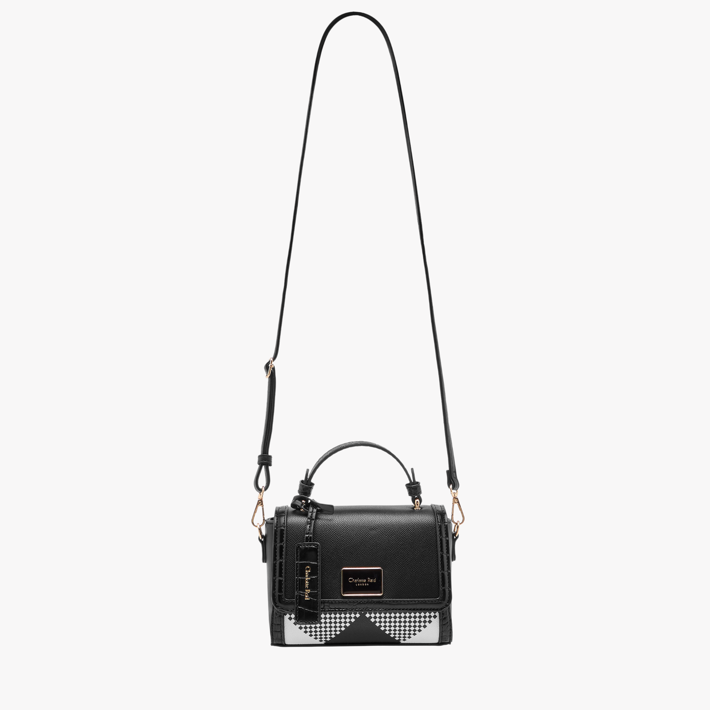 Black Printed Satchel Bag with Flap Closure