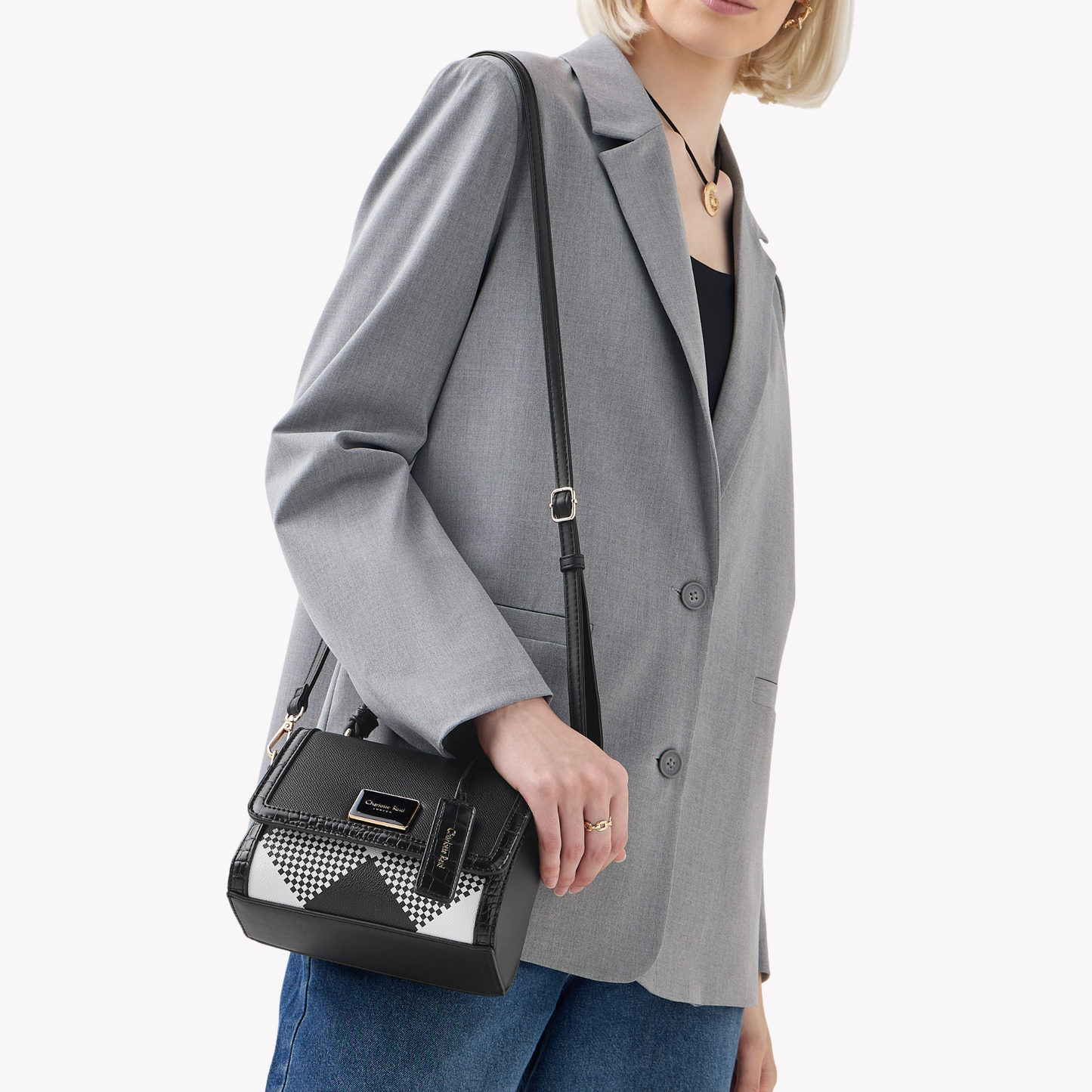 Black Printed Satchel Bag with Flap Closure