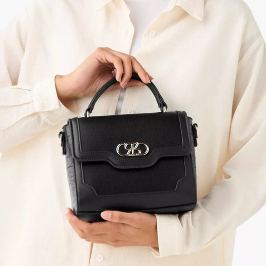 Black Textured Satchel Bag with Detachable Strap