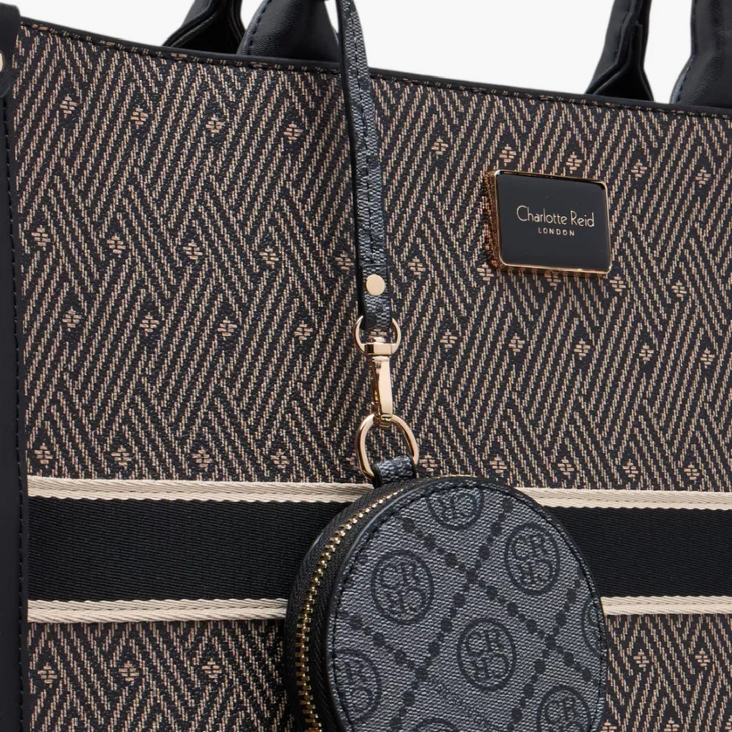 Black Textured Tote Bag with Double Handles and Coin Pouch