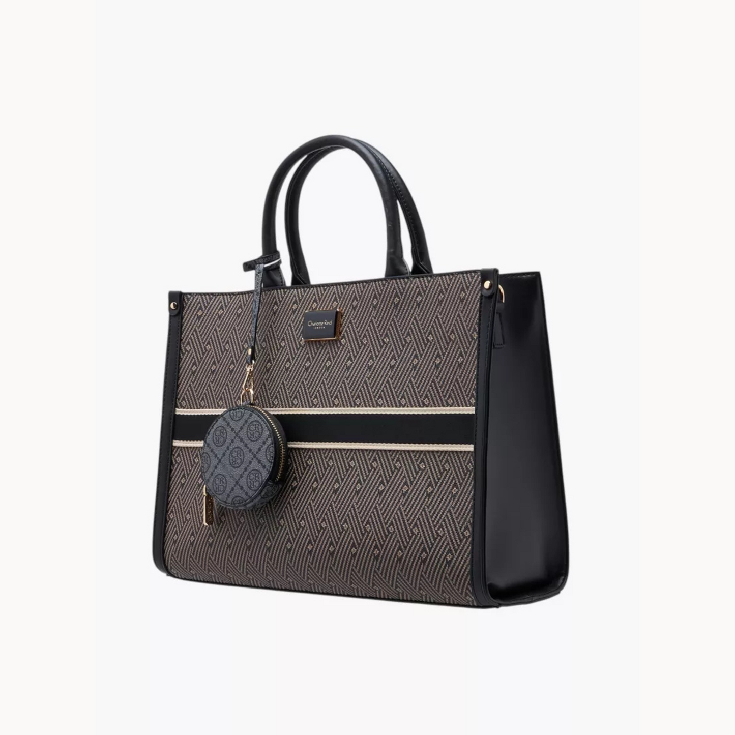 Black Textured Tote Bag with Double Handles and Coin Pouch