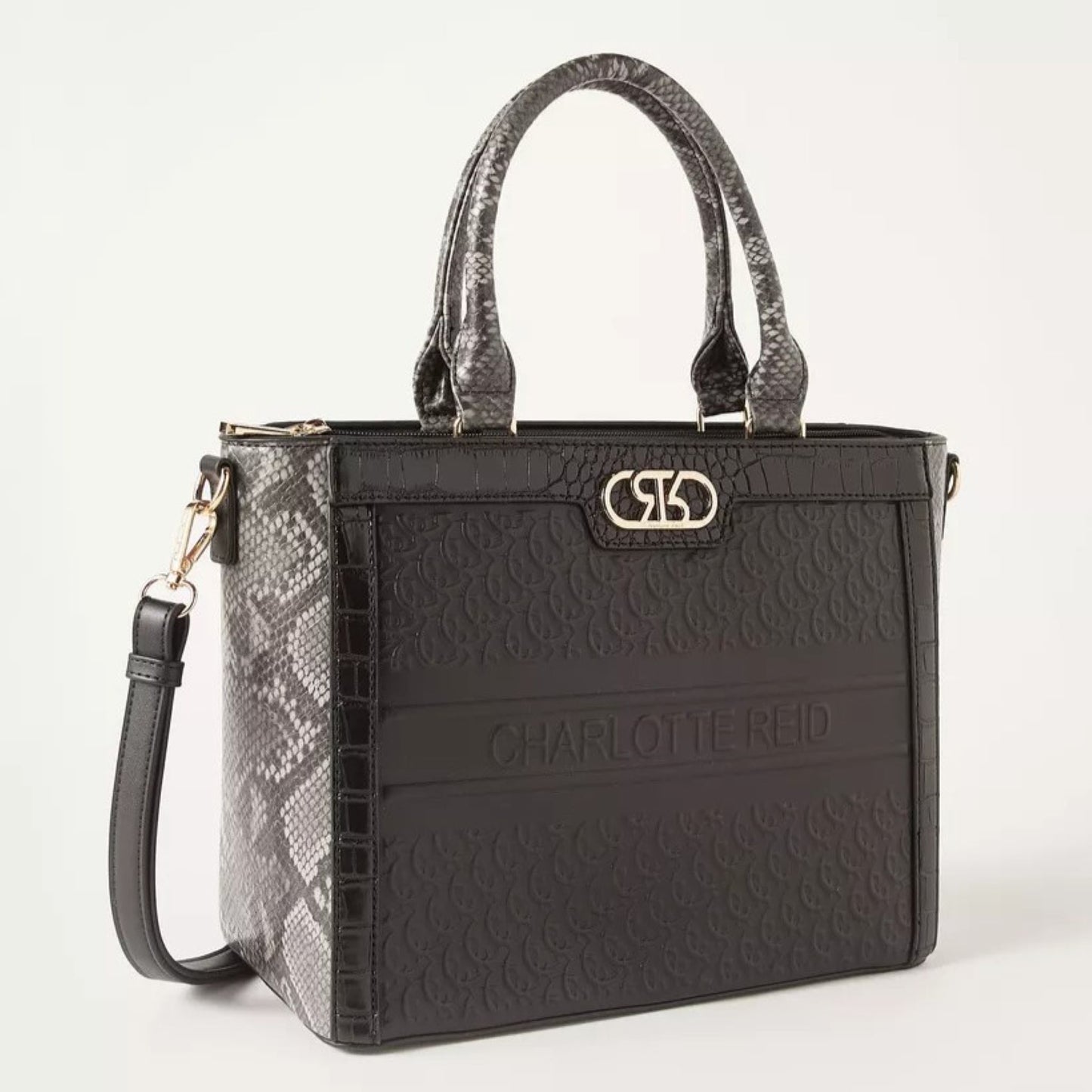 Black Top Handle Embossed Satchel Tote