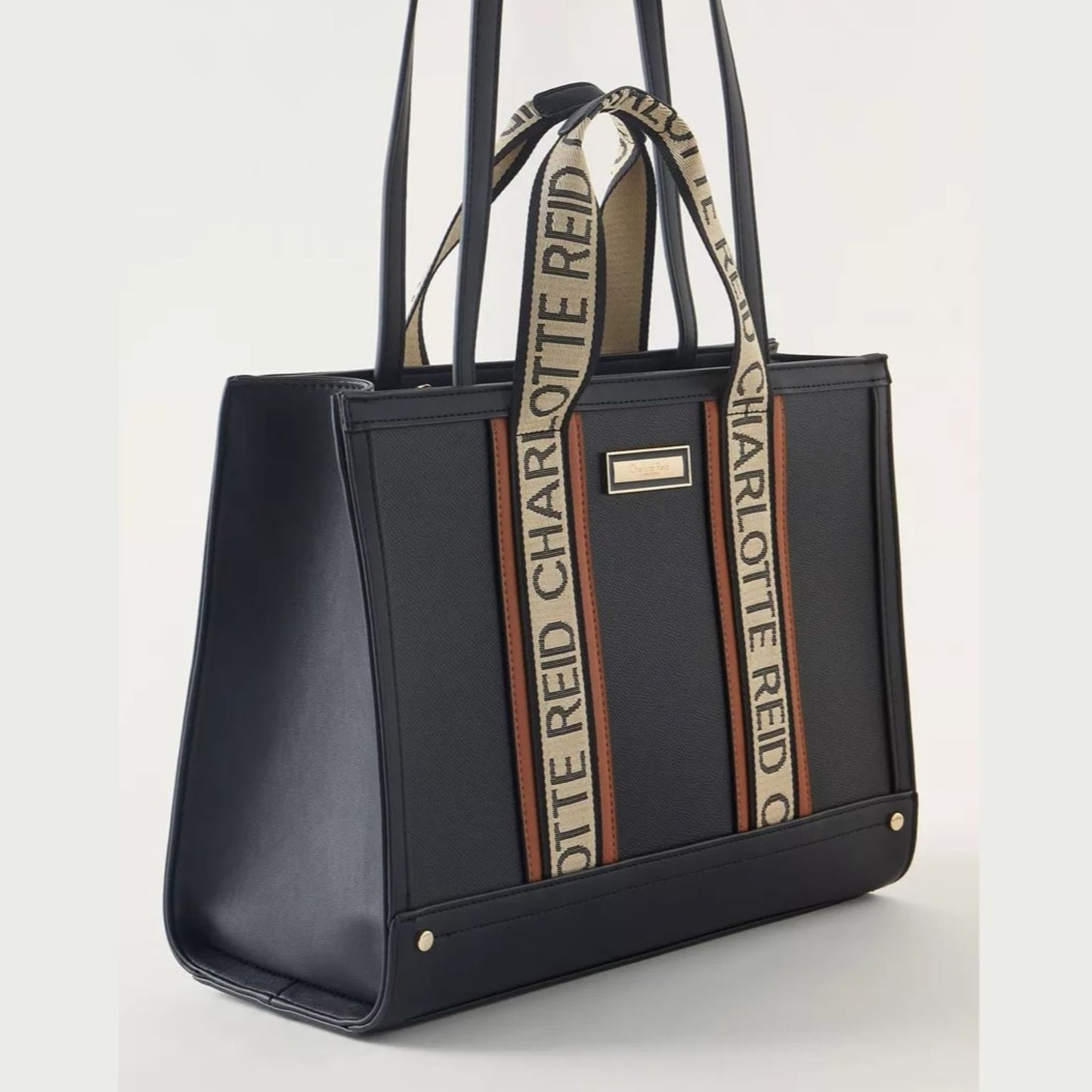 Black Colourblock Tote Bag with Monogram Print Double Handle