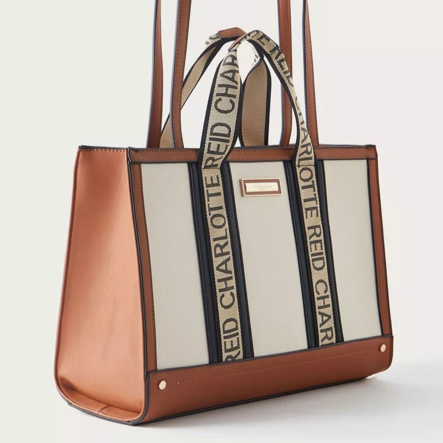 Tan Colourblock Tote Bag with Monogram Print Double Handle