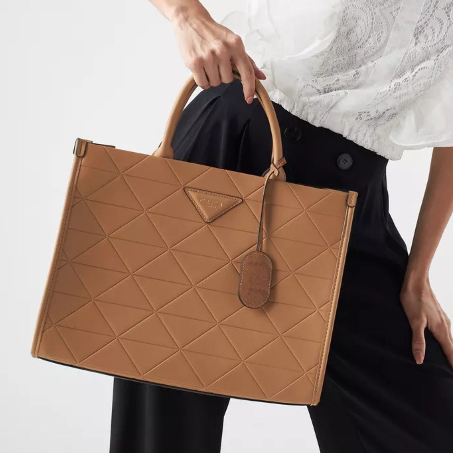 Tan Brown Quilted City Tote Satchel Bag with double top handles perfect for work