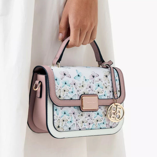 Pastel Butterfly Print Satchel Bag with Flap Closure