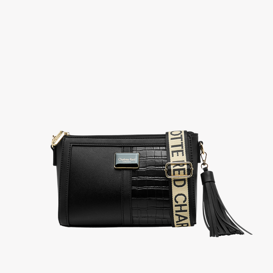 Black Textured Crossbody Bag with Detachable Tassel