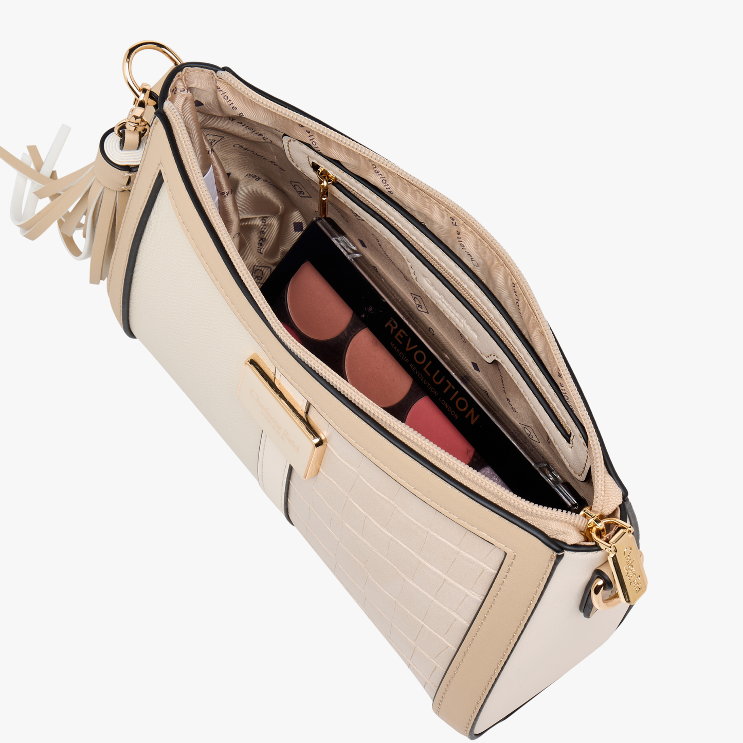 Beige Textured Crossbody Bag with Detachable Tassel