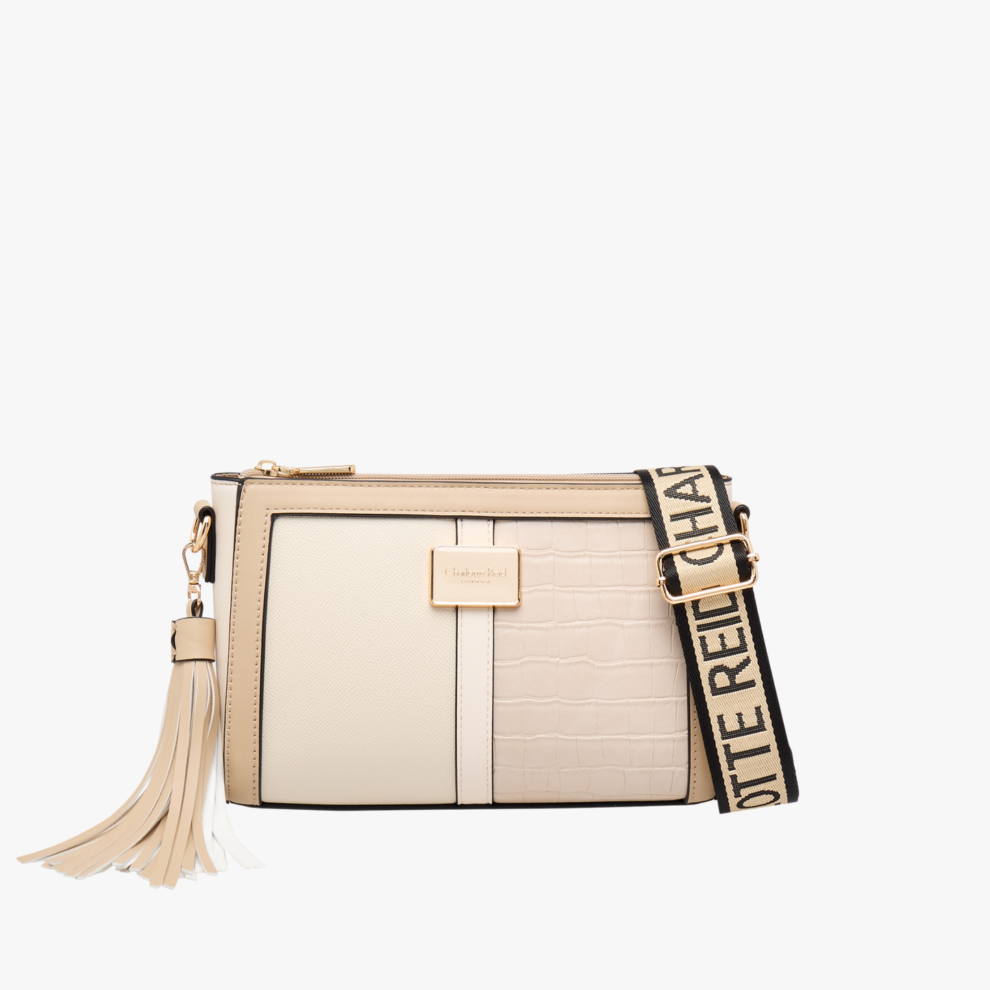 Beige Textured Crossbody Bag with Detachable Tassel