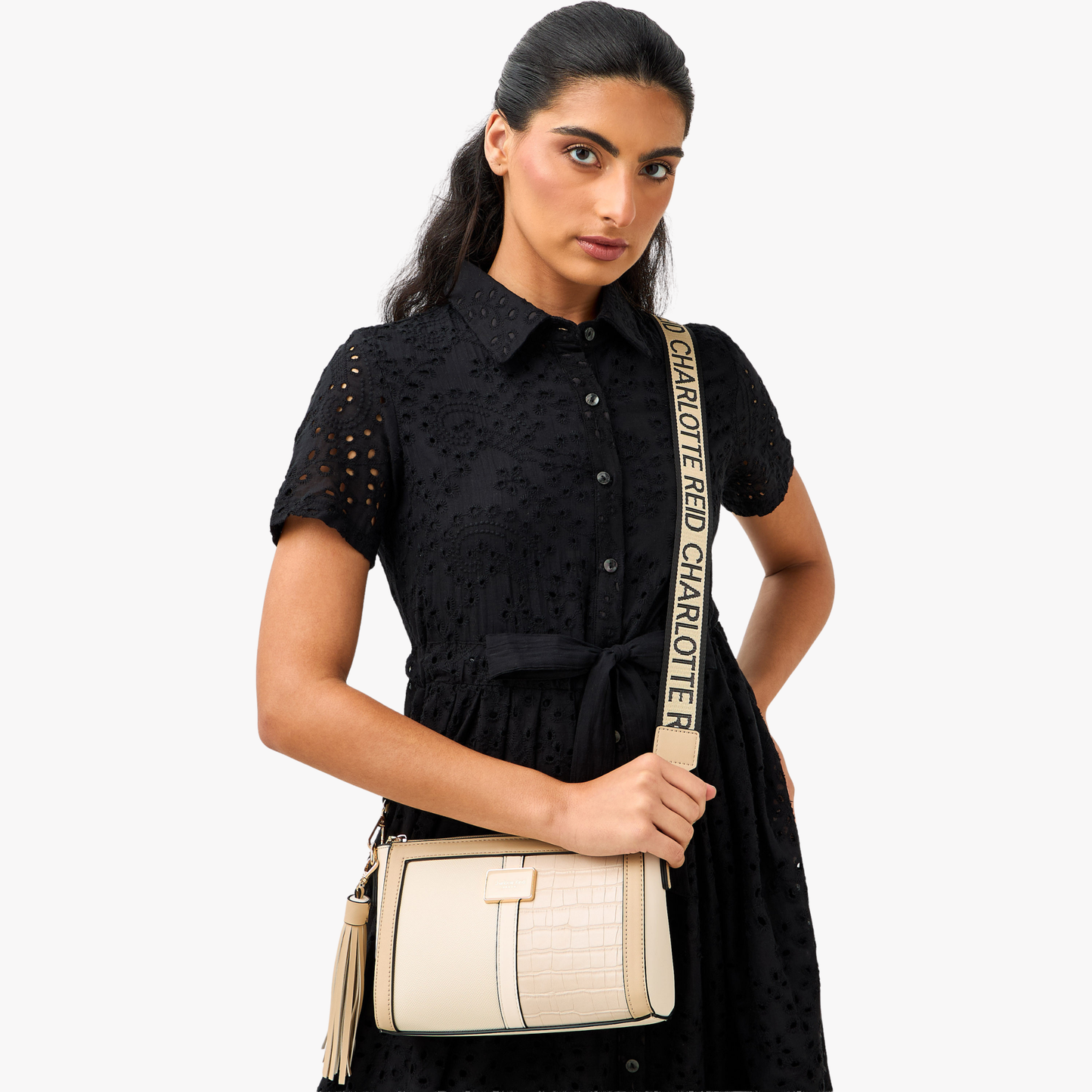 Beige Textured Crossbody Bag with Detachable Tassel