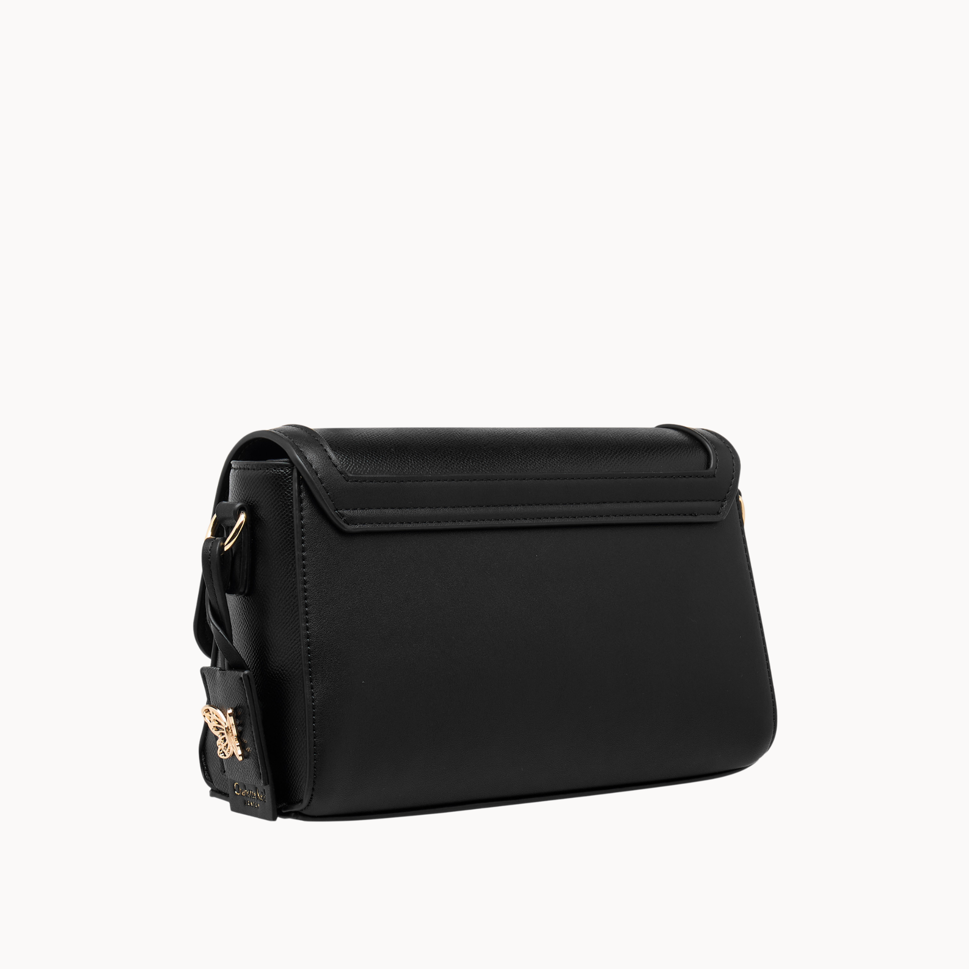 embroidered black floral crossbody bag in vegan leather. Features high-quality gold hardware & adjustable strap. Perfect for chic, everyday style.