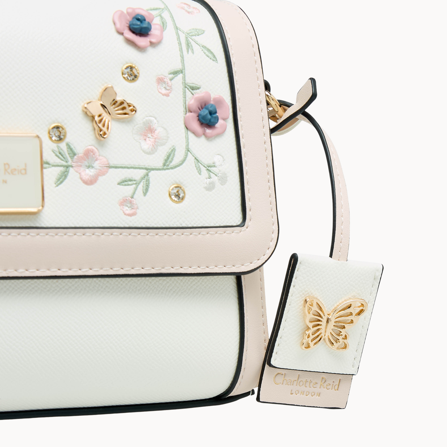 White Floral Embroidered Crossbody Bag with Magnetic Flap Closure